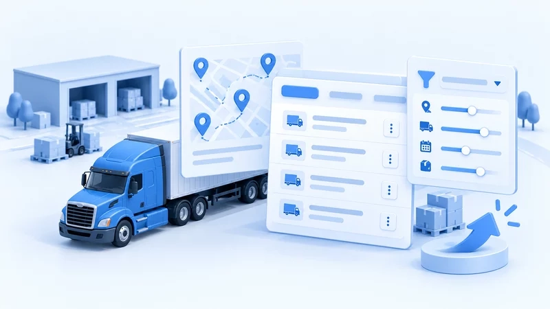 Blue truck and warehouse beside address book, map pins and streamlined software controls